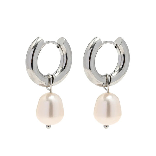 Penny Pearl Drop Silver Hoops