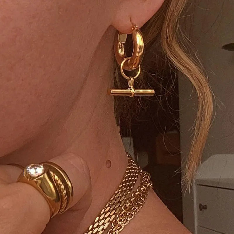 Gold T-Bar Hoop Earrings