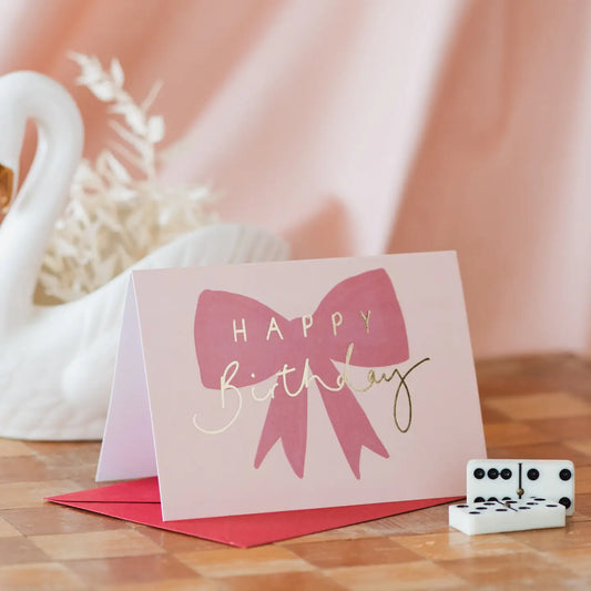 Happy Birthday - Gold Foil Red Bow Card